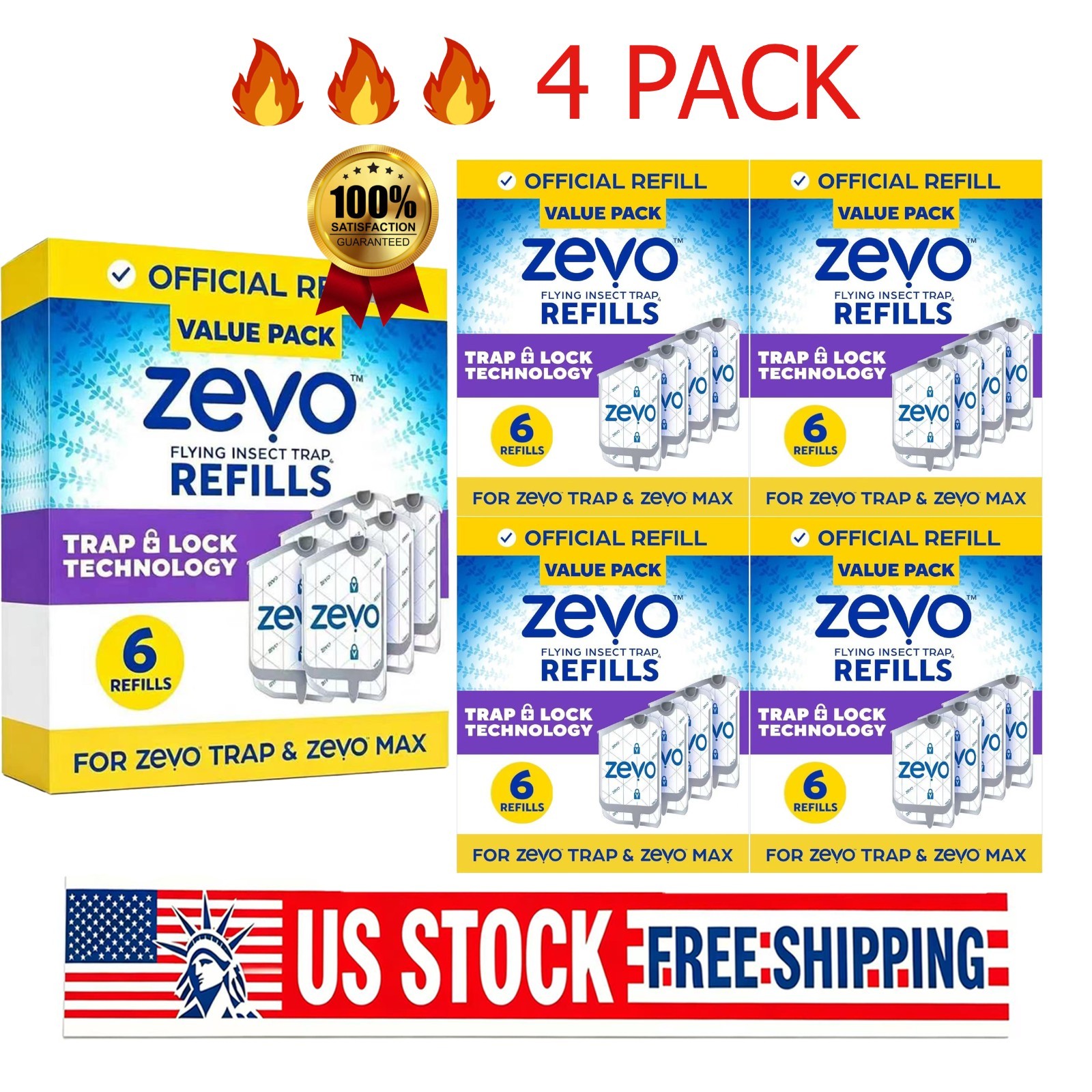 4pack- Refill Cartridges Zevo Flying Insect Trap Refill Cartridges -Easy to Use