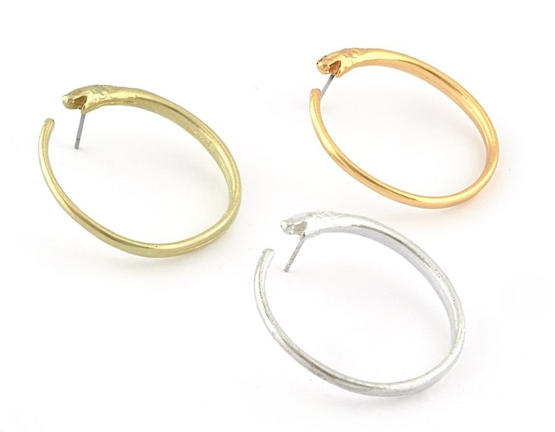 1 pair Ouroboros Snake Earring Post Raw Brass, Shiny Gold-Silver 36mm 5102