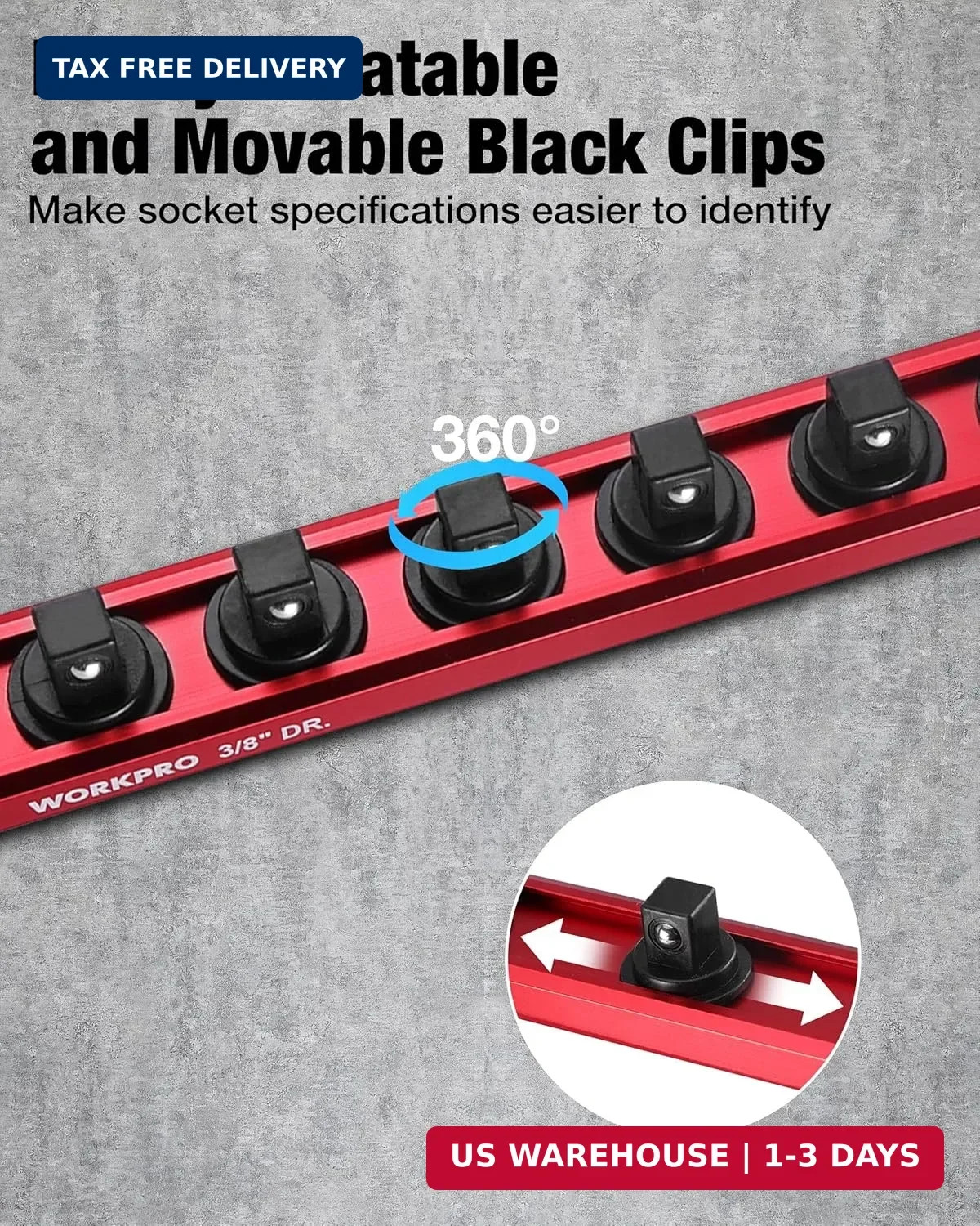 WORKPRO Magnetic Socket Organizer, 3/8" Adjustable Push-Button Socket Rail | 1 P