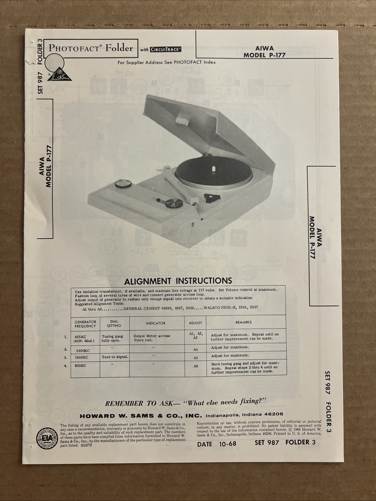 Vintage Sams Photofact Schematic 10-1968 AIWA MODEL P-177