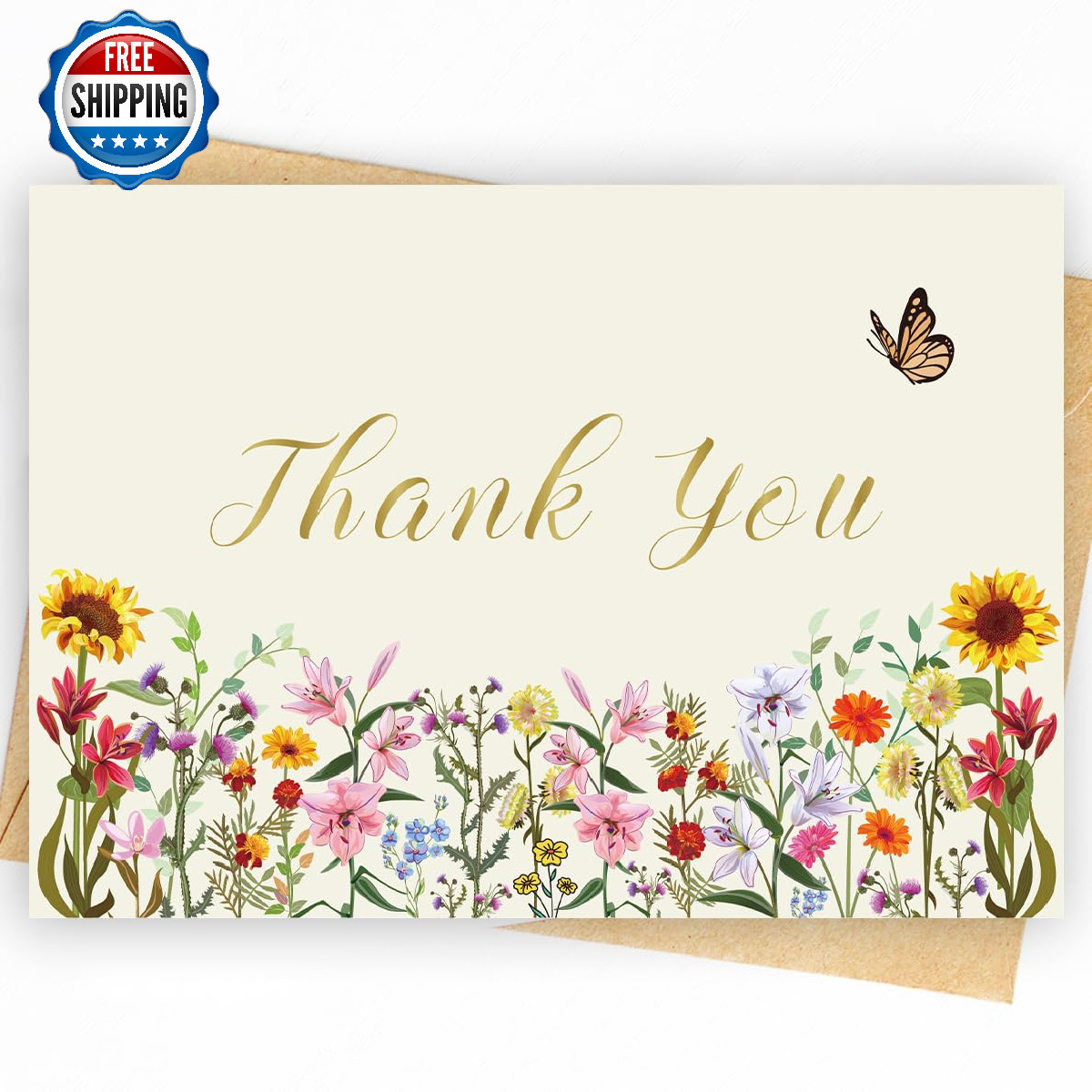 WowBefun 50pk 350GSM Thank You Cards w/ Envelopes & Stickers 4x5.6" Floral