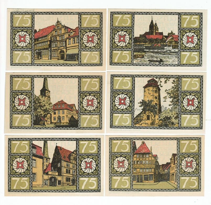 SET OF 6 GERMANY NOTGELD 75 PFENNIG STADT-HAMELN 1921 UNC