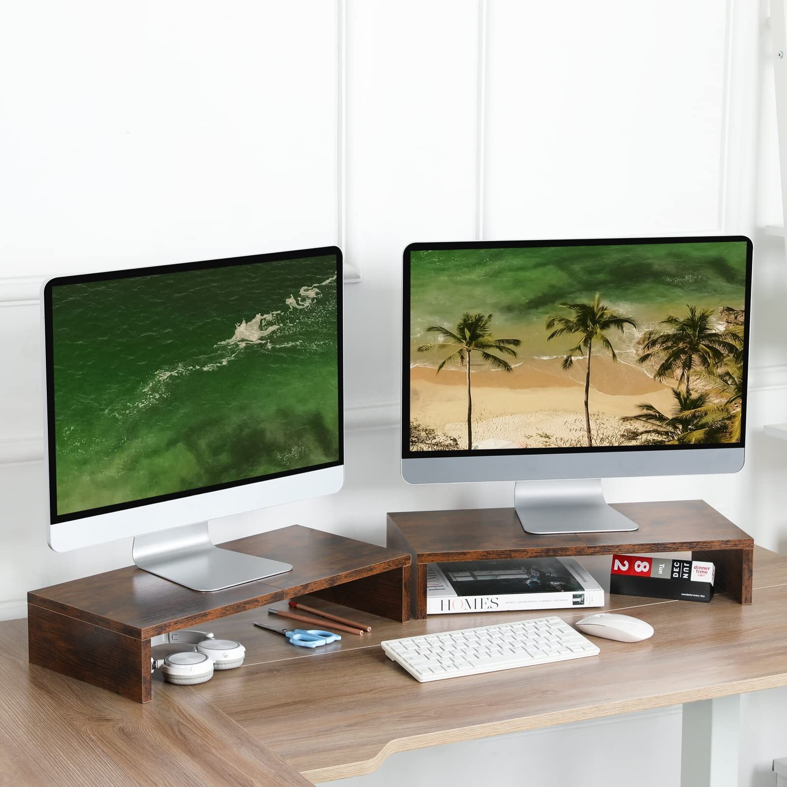 Monitor Stand Riser 20 inch Wooden Tabletop Shelf Storage Rustic Brown 2PCS