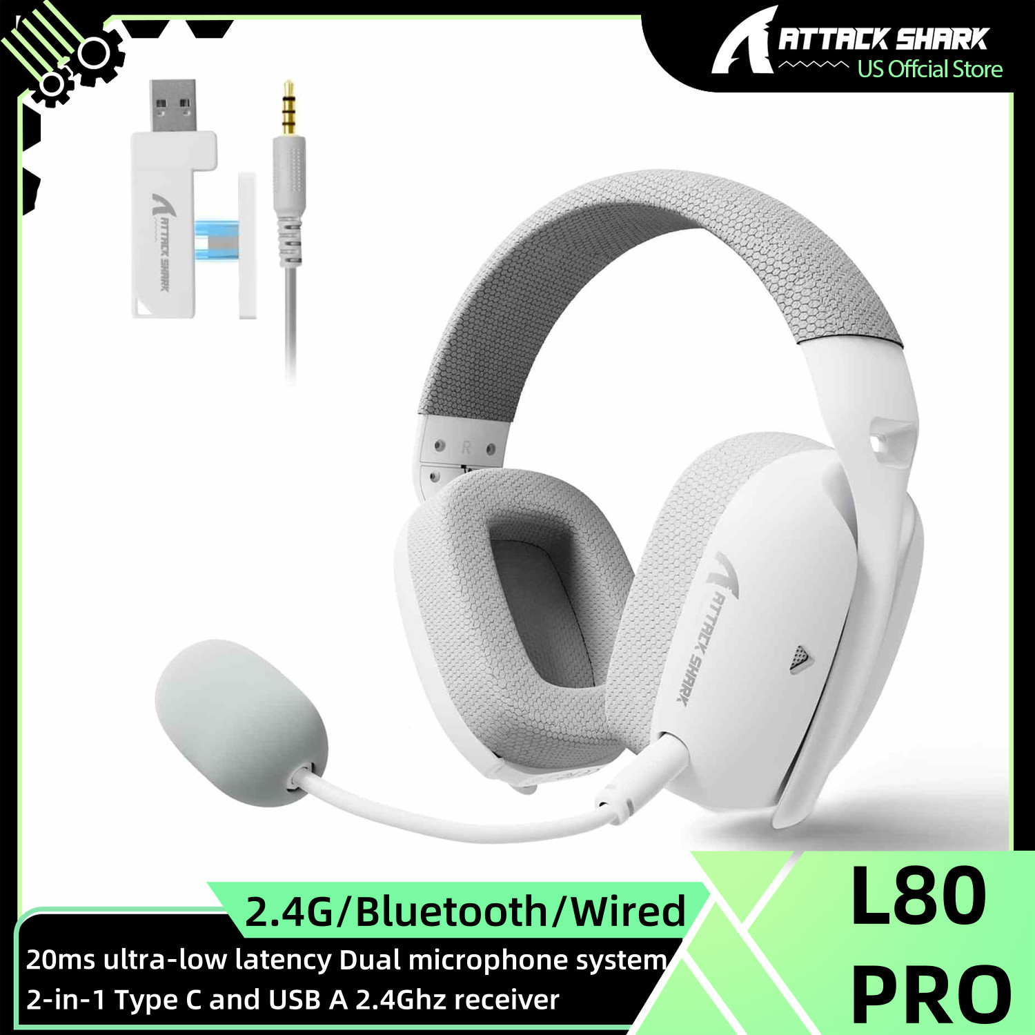 ATTACK SHARK L80PRO Wireless Gaming Headset Lightseed Tech- Built-in&Detachable