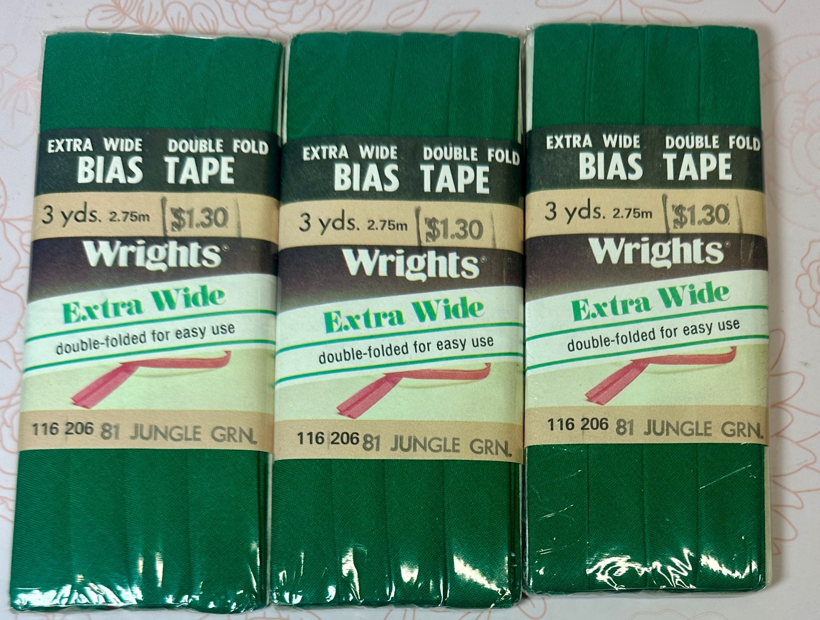Lot 3 Pkgs VTG 1986 Wrights Xtra Wide Double Fold Bias Tape JUNGLE GREEN 81 NOS