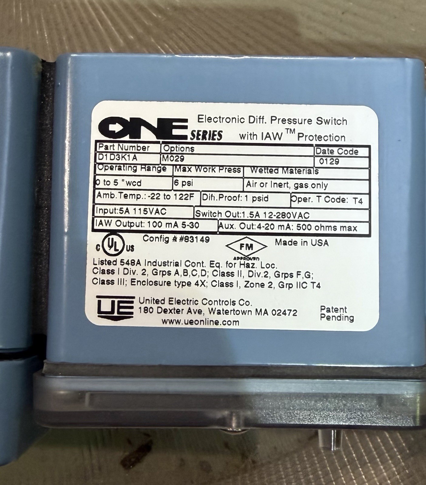 United Electric ONE D1D3K1A Pressure Switch