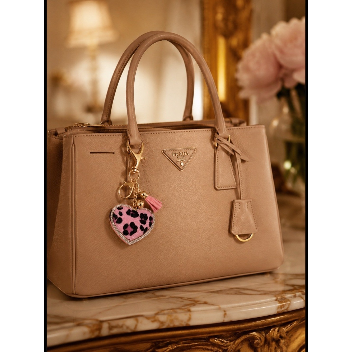 New Pink Leopard Print Pink Chunky Rhinestone Trim Bag Charm Keychain Bling