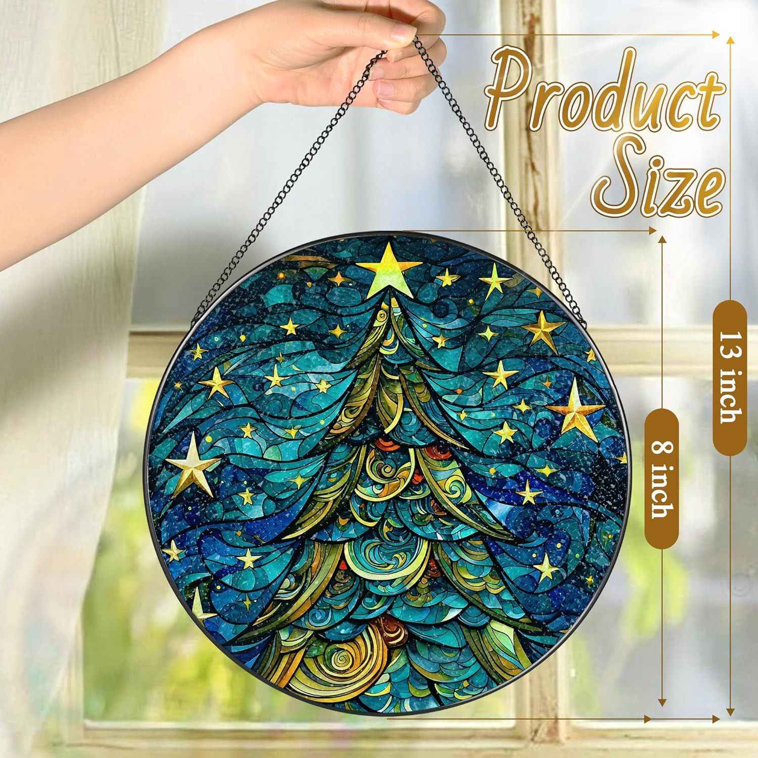 8-Inch Christmas Tree Suncatcher Ornament, Stained Glass Window Hanging & Staine