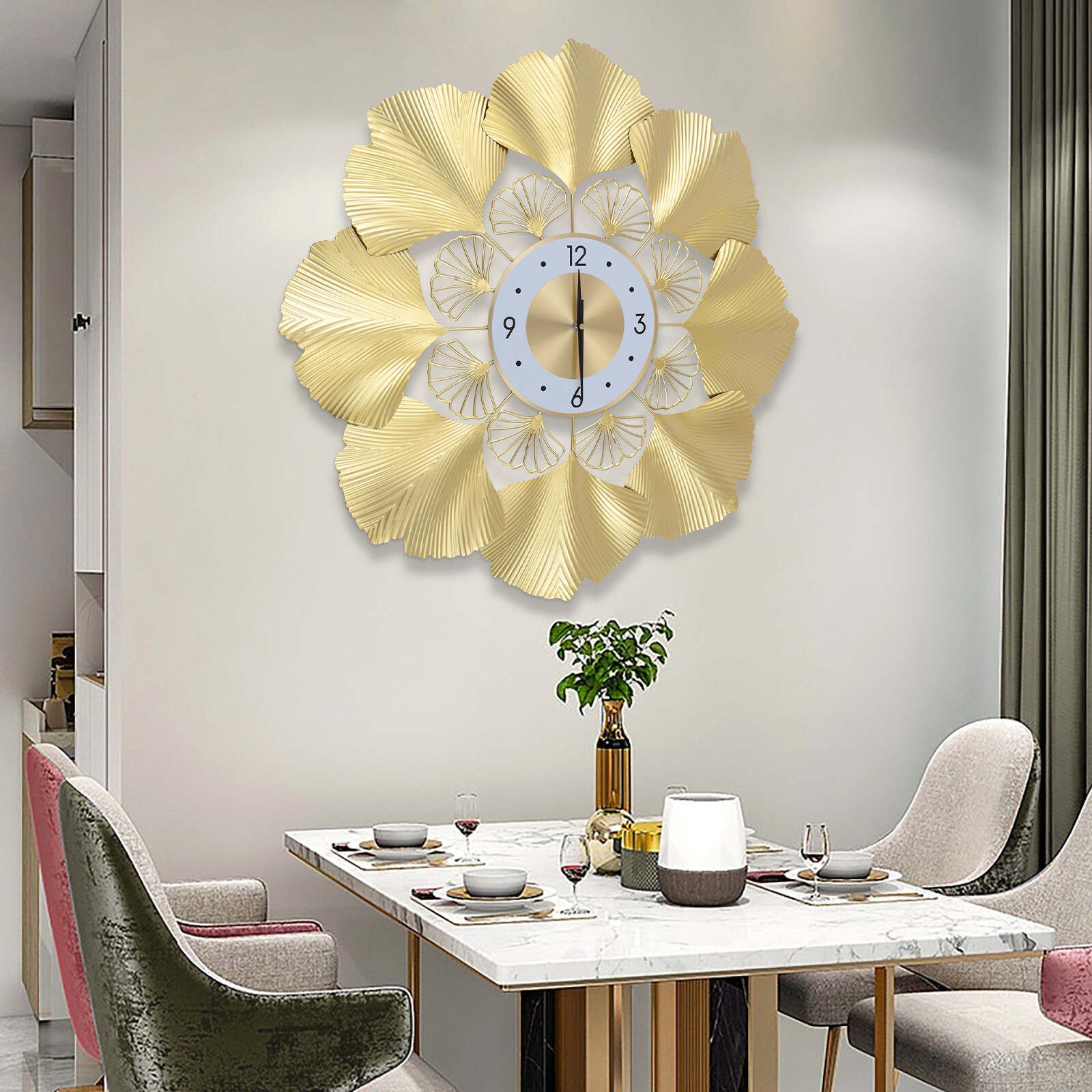 Gold Round Ginkgo Biloba Wall Clock Large Wall Watch Living Room Home Decor 70cm