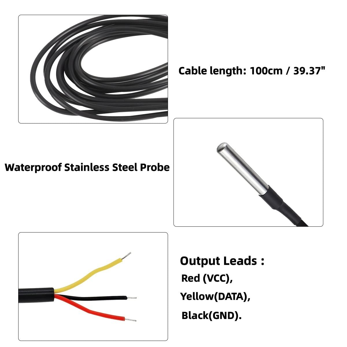 5 PCS DS18B20 Waterproof Temperature Sensor Digital 1 Meter 3.2Ft Probe
