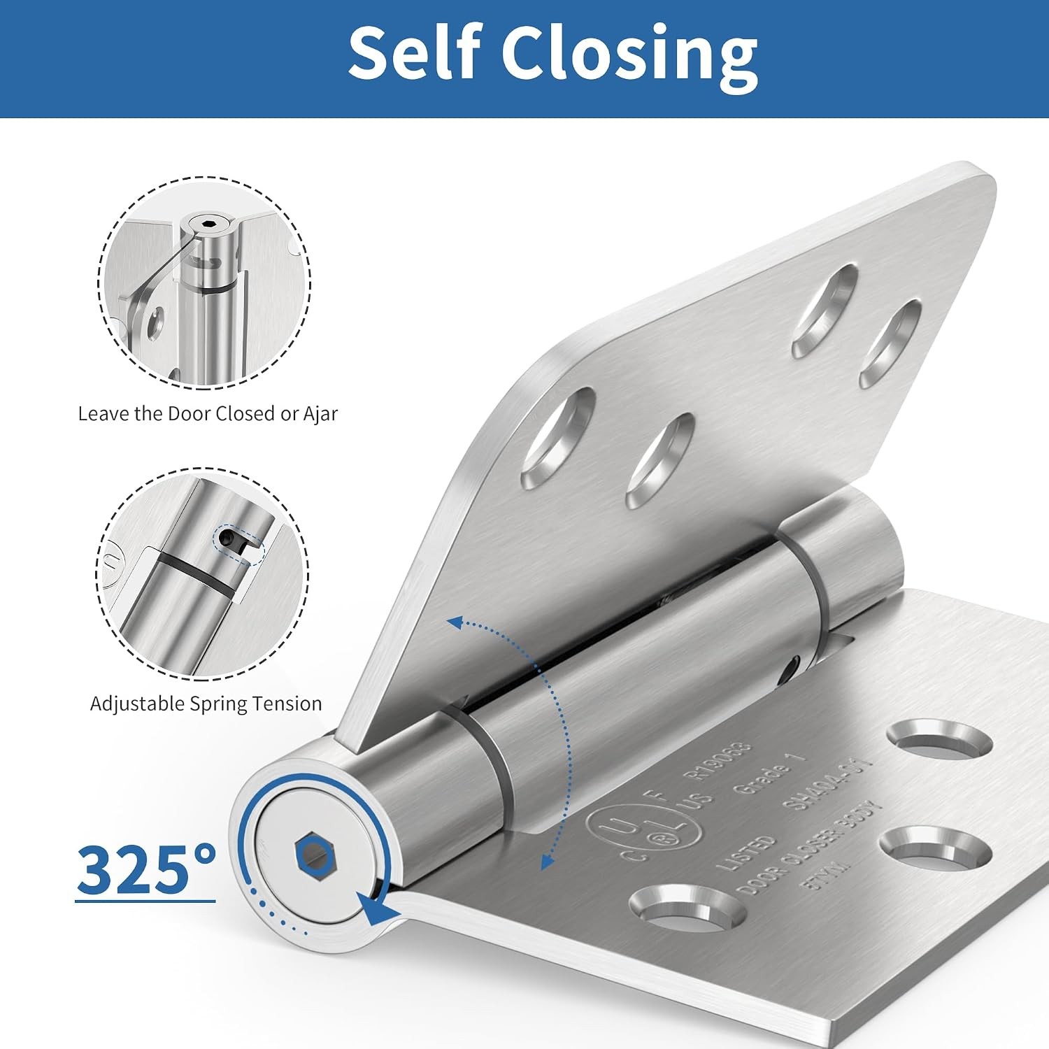 4" Self Closing Hinges, Brushed Nickel, Spring Loaded 5/8" Radius, 2-Pack