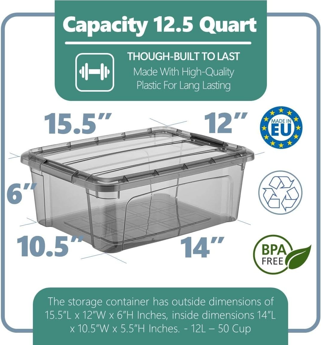 Transparent Tinted Plastic Storage Containers with Latching Lids - 15.5'' x 12''