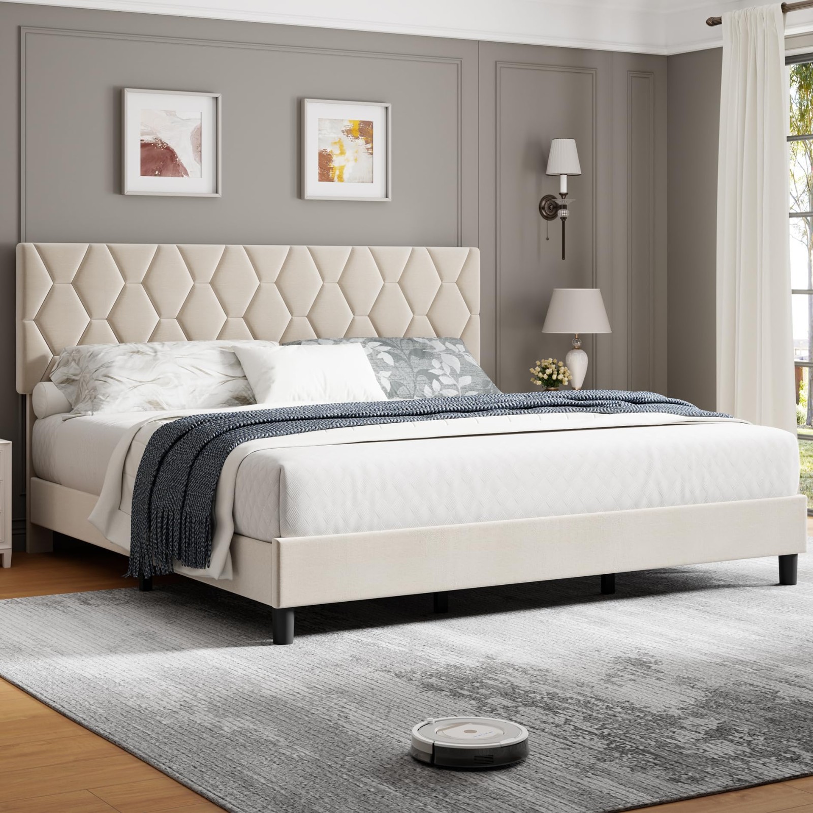 King Bed Frame with Upholstered Headboard, Beige King Upholstered Bed Frame