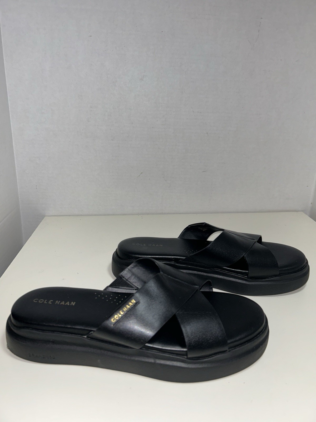Cole Haan Grandpro Rally Women Criss Cross Black Leather Slide Sandal 8.5