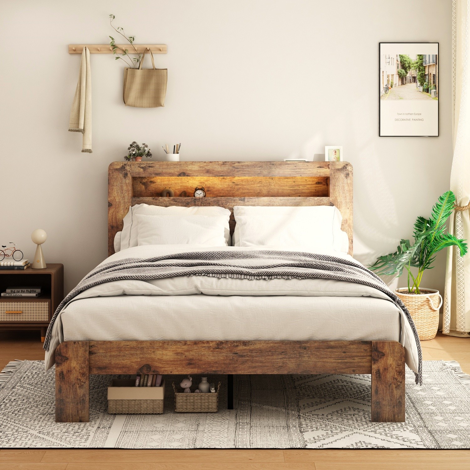 Full Size Bed Frame Wood Platform Bed w/ Storage LED Light Headboard & USB Ports