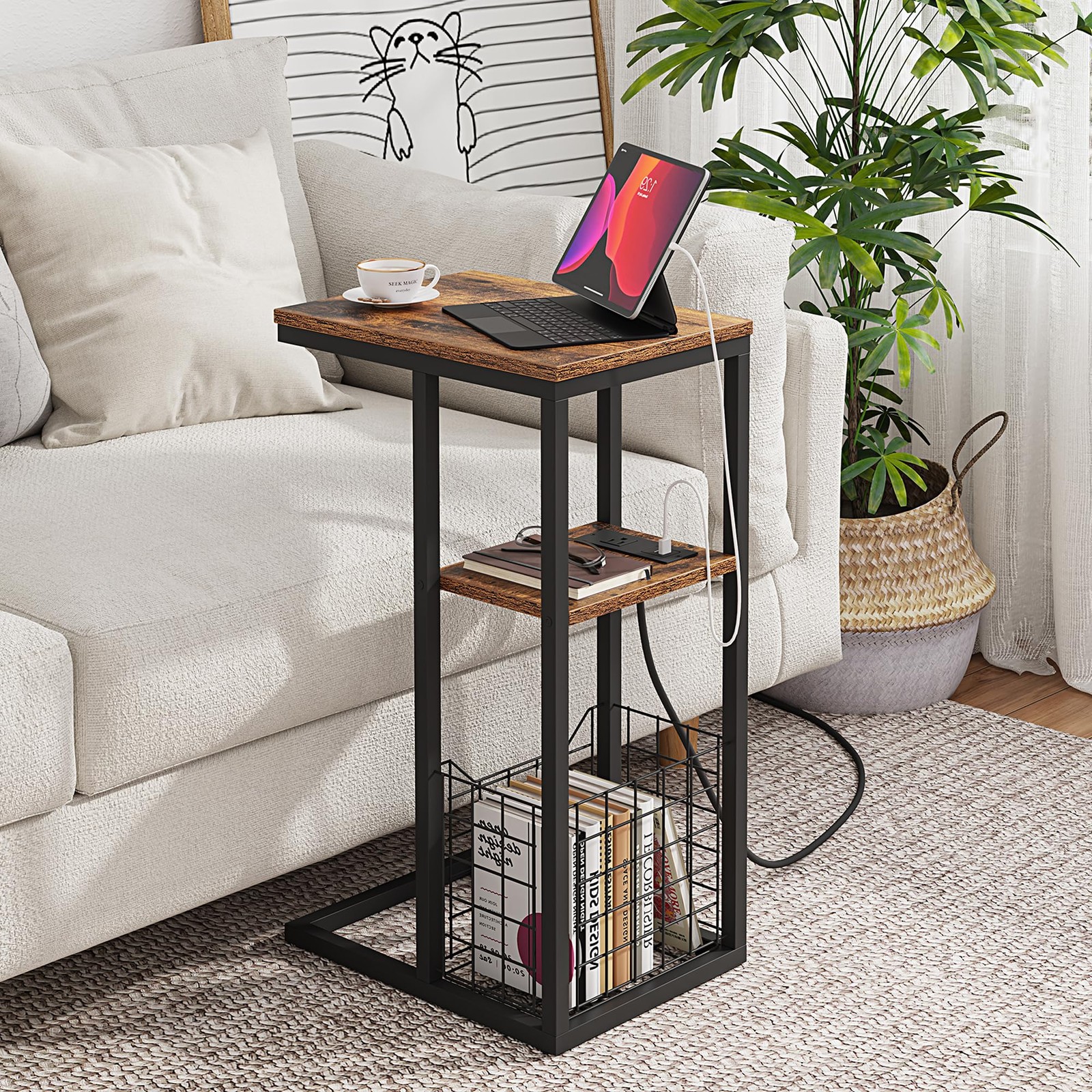 C Shaped End Table Charging Station Side Couch 28 Inch High Rustic Brown