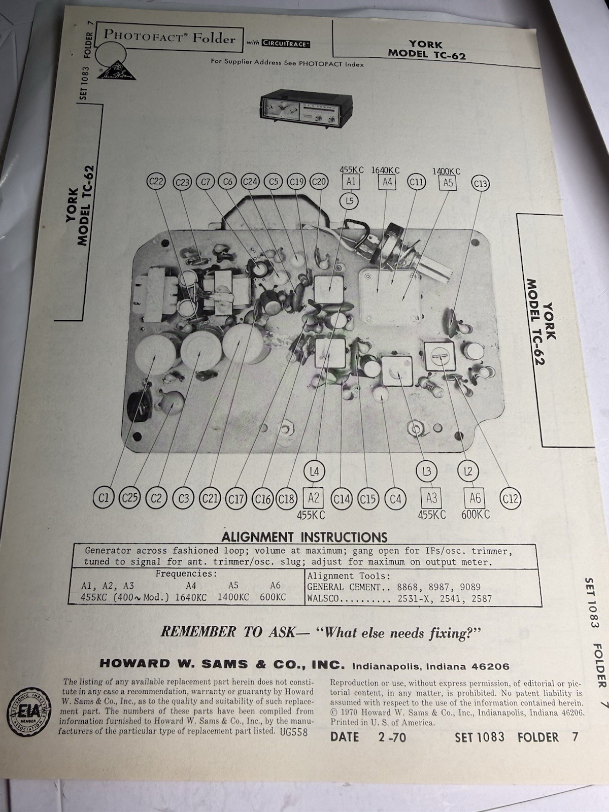 SAMS Photofact Set 1083 Folder 7 York TC-62 Radio Service Manual 1970 Orig