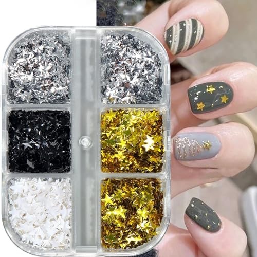 Christmas Nail Art Sequins 3D Stereo Stars Glitter Sequins Black White Gold