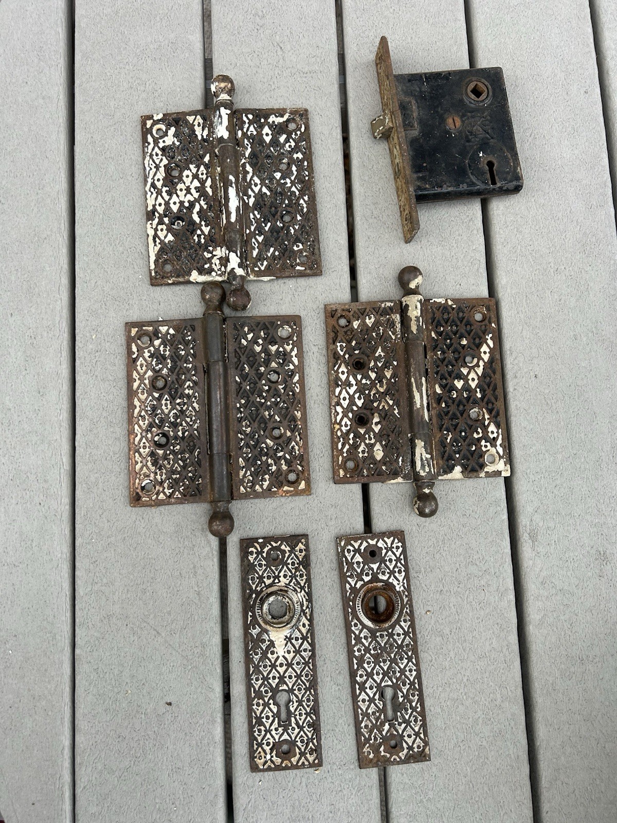 Antique Cast Iron Door Set 4-1/2” Hinges Plates Mortise Lock Cast Iron Eastlake