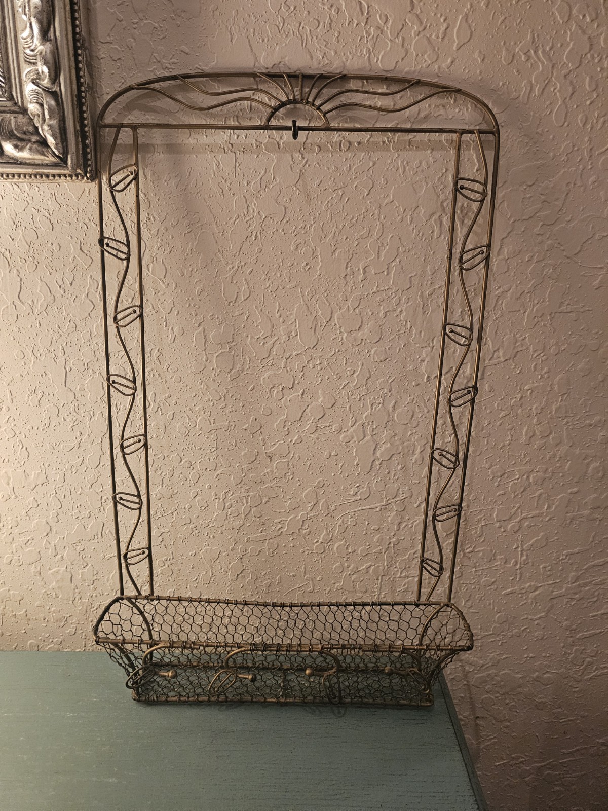 Vintage Brass Wall Basket, Framed W/Sun & Tulips-Very Good