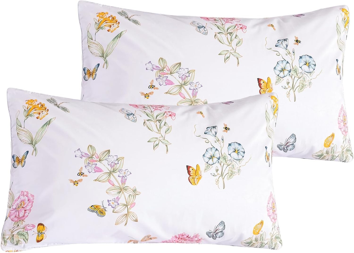 100% Egyptian Cotton Floral King Pillow Cases Set of 2, Butterfly Flowers Print