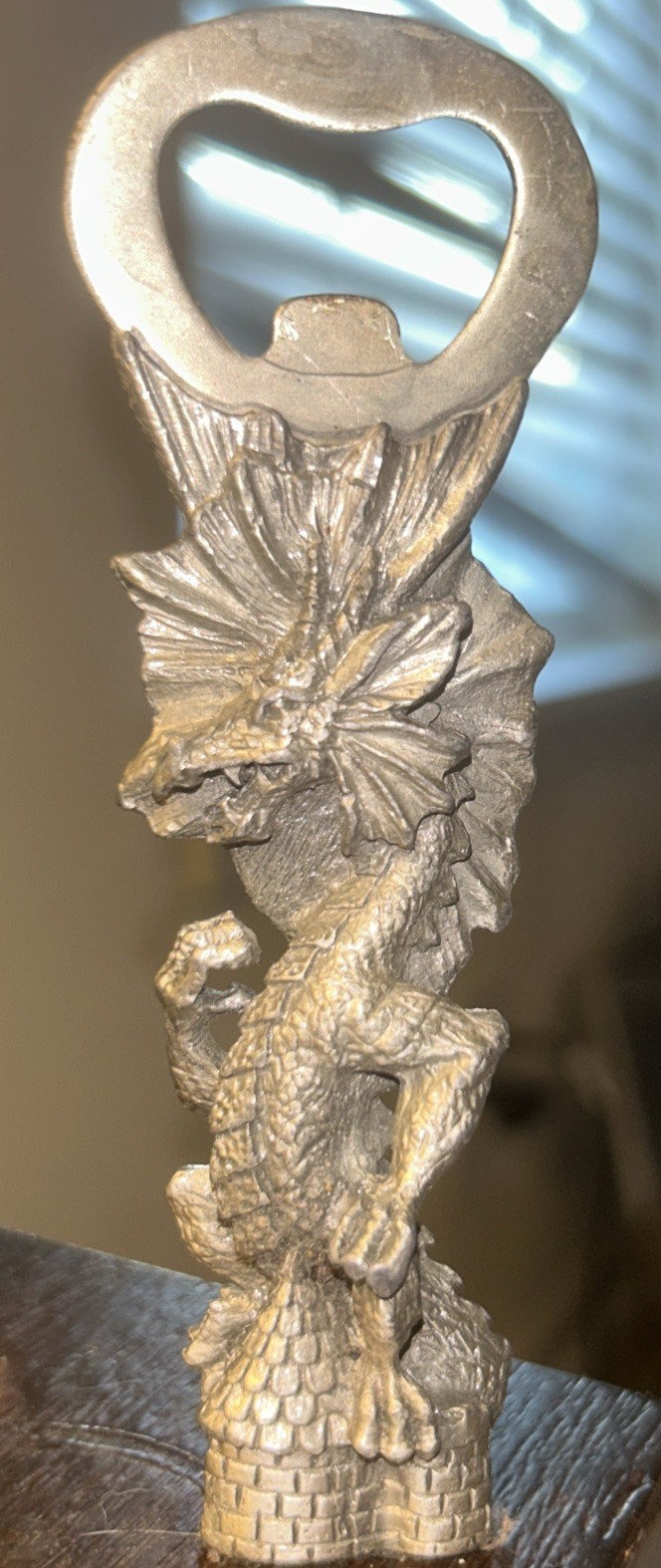 Vintage Standing Dragon Fire castle Pewter Beer Bottle Opener D&D RPG 4 1/8in