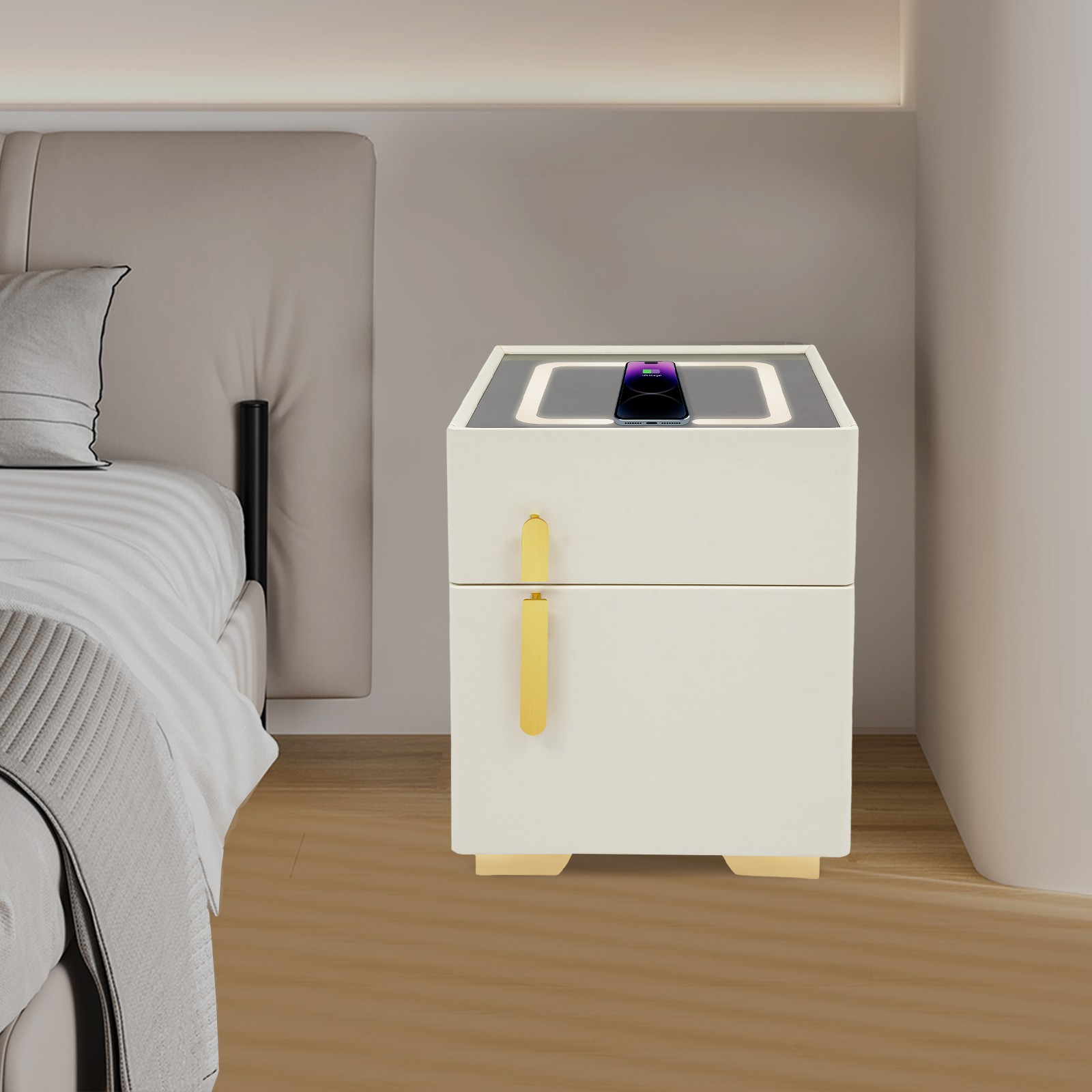 LED Nightstand with Wireless Charging and Safe Box Night Stand, Bedside Table