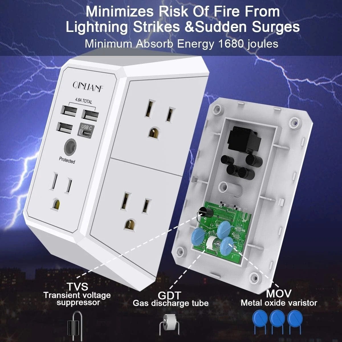 5 Outlet Extender Surge Protector Multi Plug Wall Adapter USB Charger Ports with
