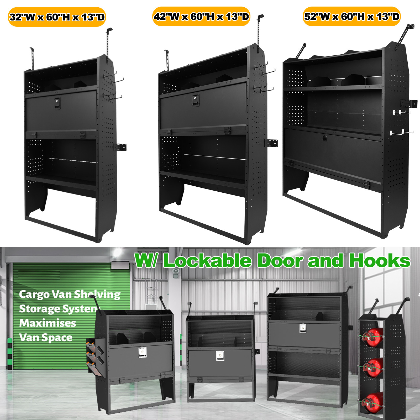 32" W&42"W&52"Wx 60" H x 13" DCargo Van Shelving Storage w/ Lockable Door& Hooks