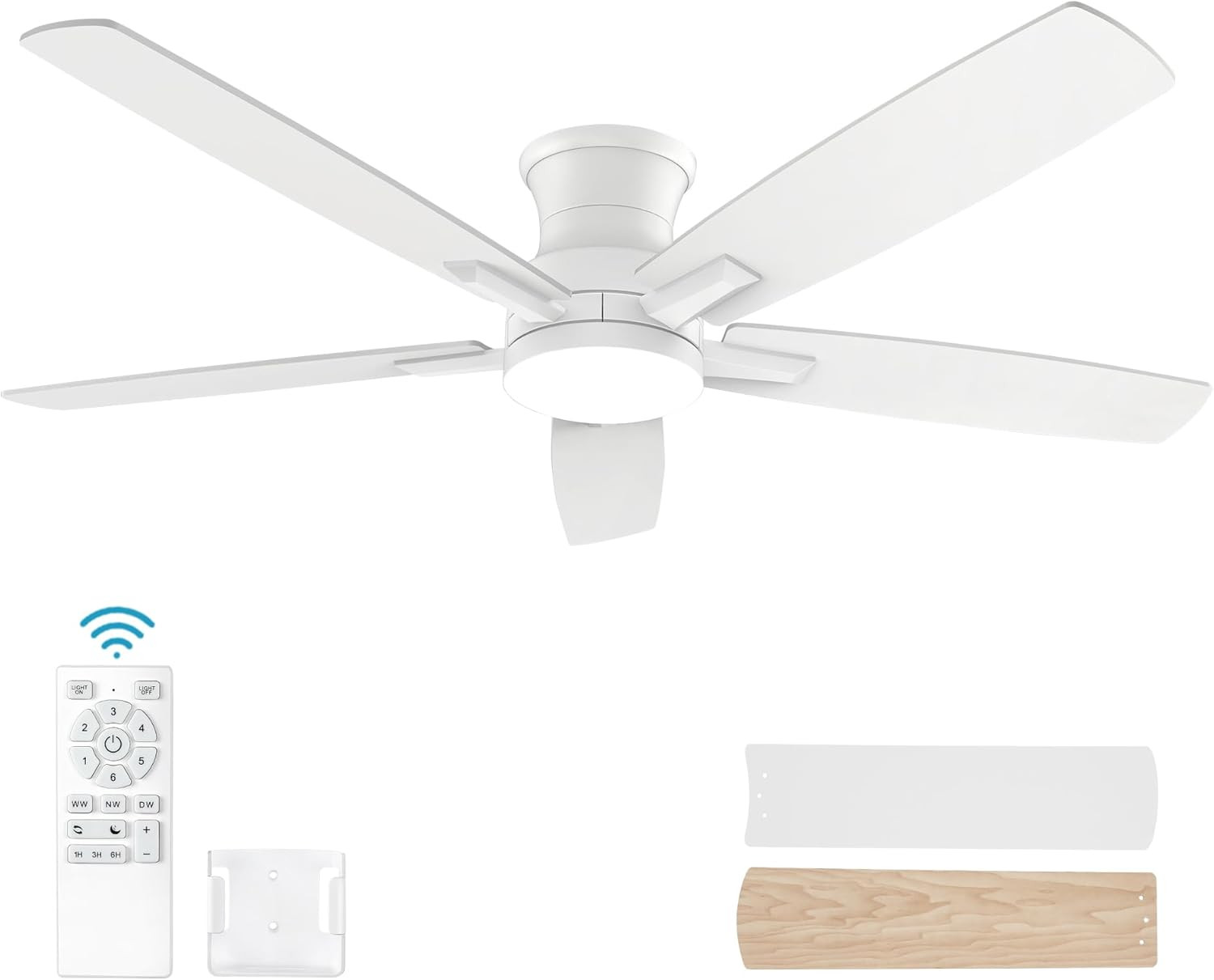 52 Inch Flush Mount White Ceiling Fan with Light and Remote Control.Noiseless,D