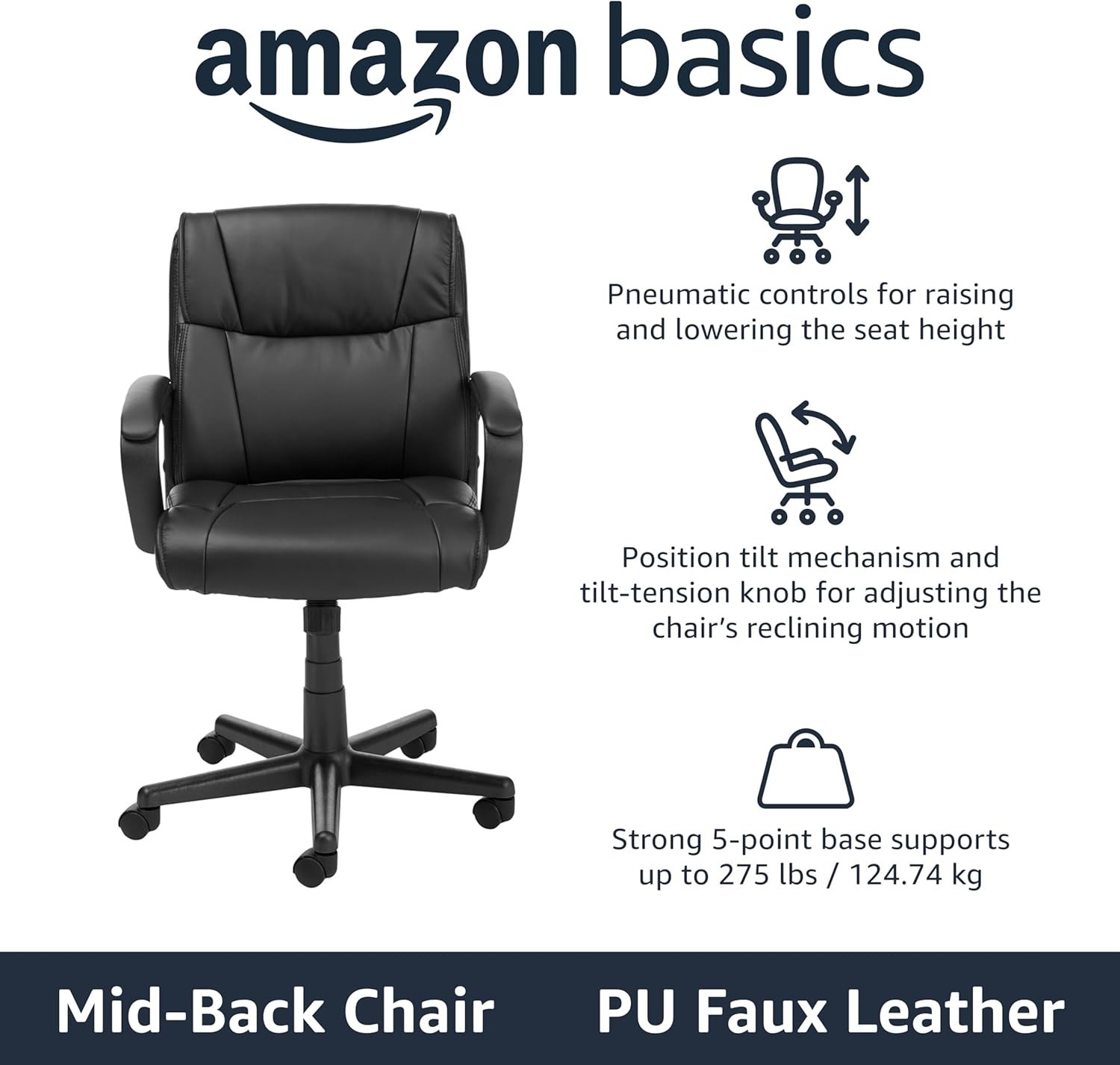 Mid-Back Office Chair - Height Adjustable, Padded Armrests, Sleek Black