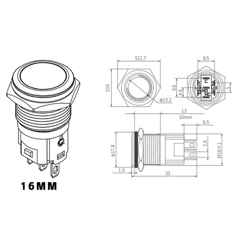 12/16/19/22mm LED Push Button Switch Momentary Latching On/Off Waterproof Metal