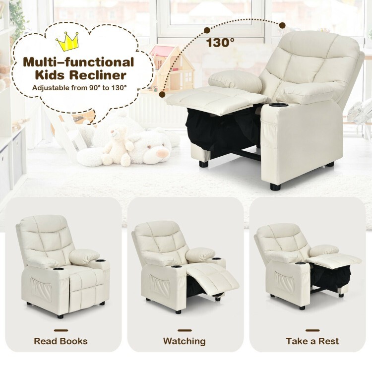 Kids Padded PU Leather Adjustable Recliner Chair W/Cup Holders & Storage Pockets