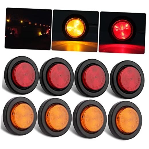 8Pcs 2 Inch Round Led Trailer Marker Lights, 4 Amber + 4 Red 2 Inch Round LED