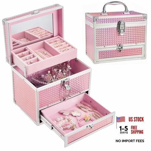 Girls Jewelry Box Organizer with Drawer & Mirror Style Lockable Shiny Pink
