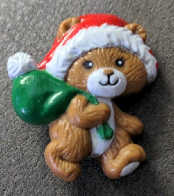 Vintage Teddy Bear Christmas Pin Santa Hat 1980s Russ Holiday Brooch