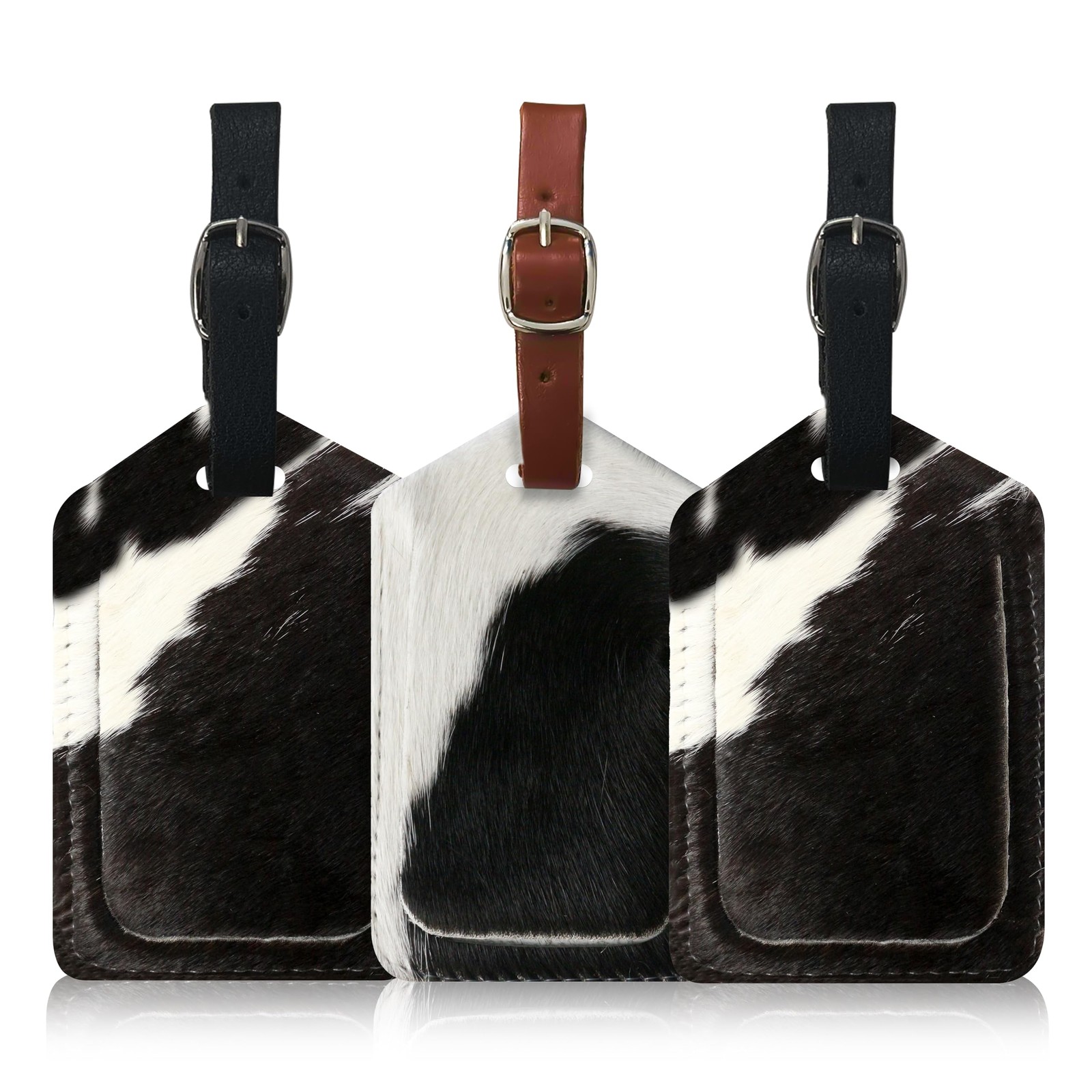 Mulch Leather Genuine Cow Luggage Tag (Pack of 3) Pack 3, Hair on
