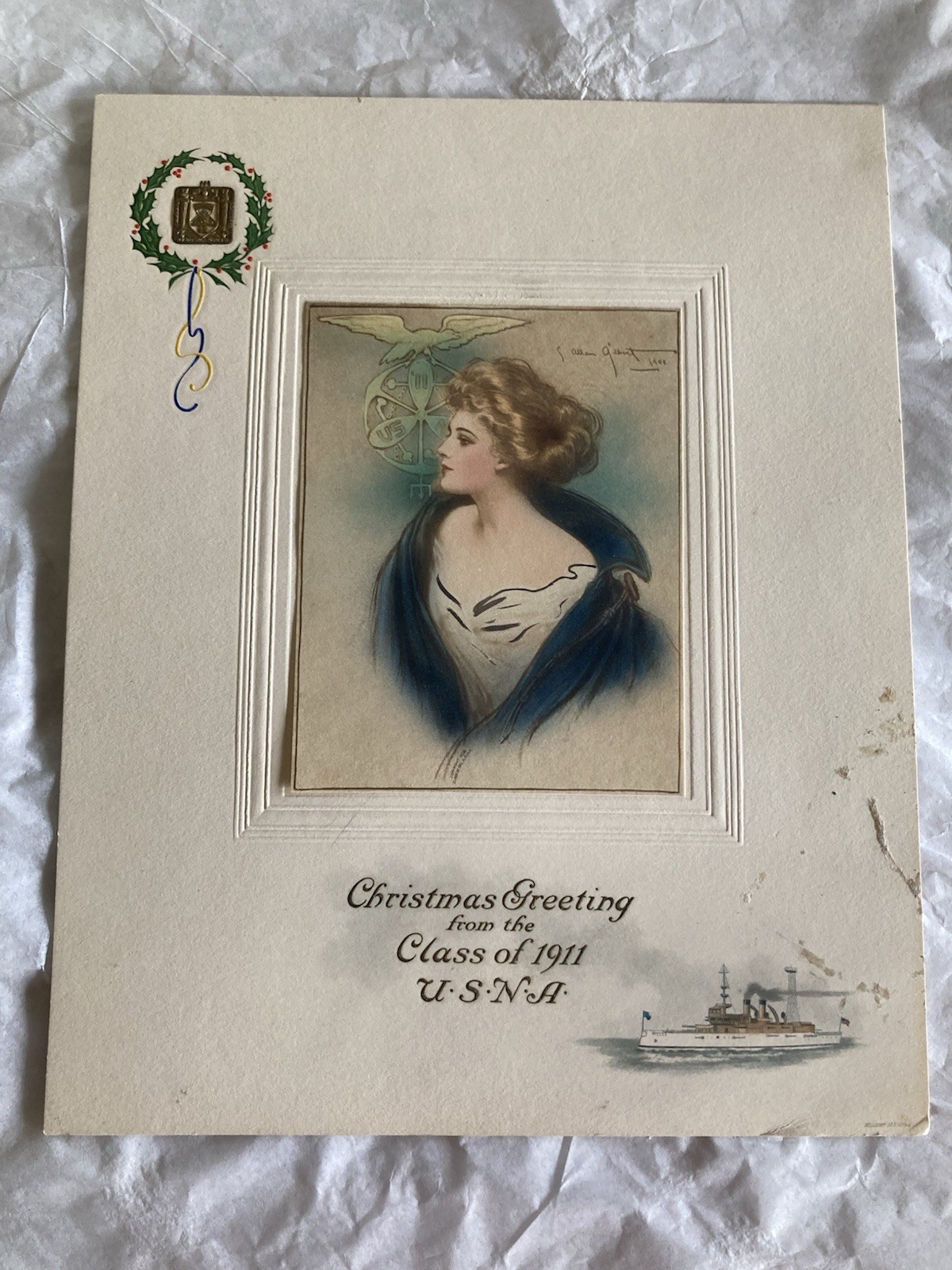 Antique U.S.N.A Class Of 1911 Christmas Greeting With Gold Embossing In Corner