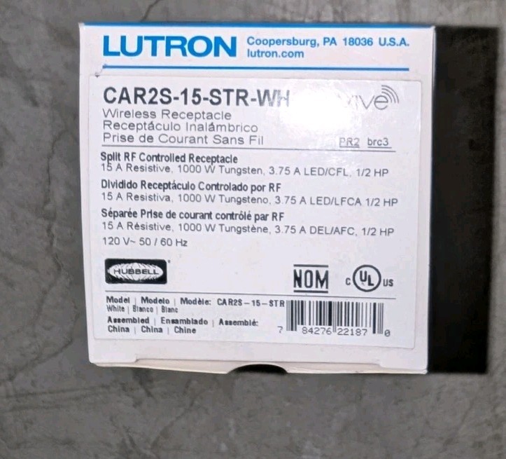 Lutron CAR2S-15-STR-WH Vive Wireless Split Receptacle 15A 120V RF Controlled NEW