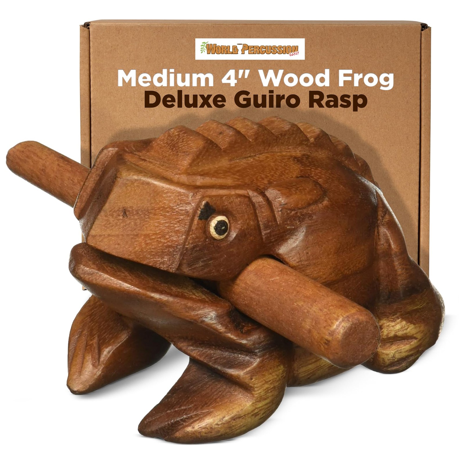 Deluxe Medium 4” Wood Frog Guiro Rasp - 4" Medium, Natural Brown