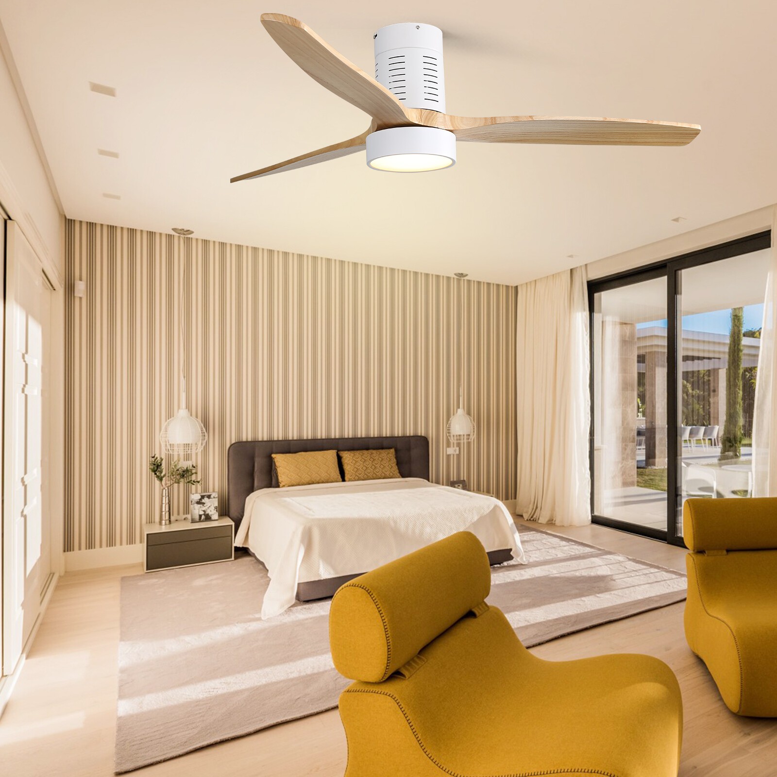 Bedroom Ceiling Fan With Integrated LED & Remote & Solid Wood Blades Reversible