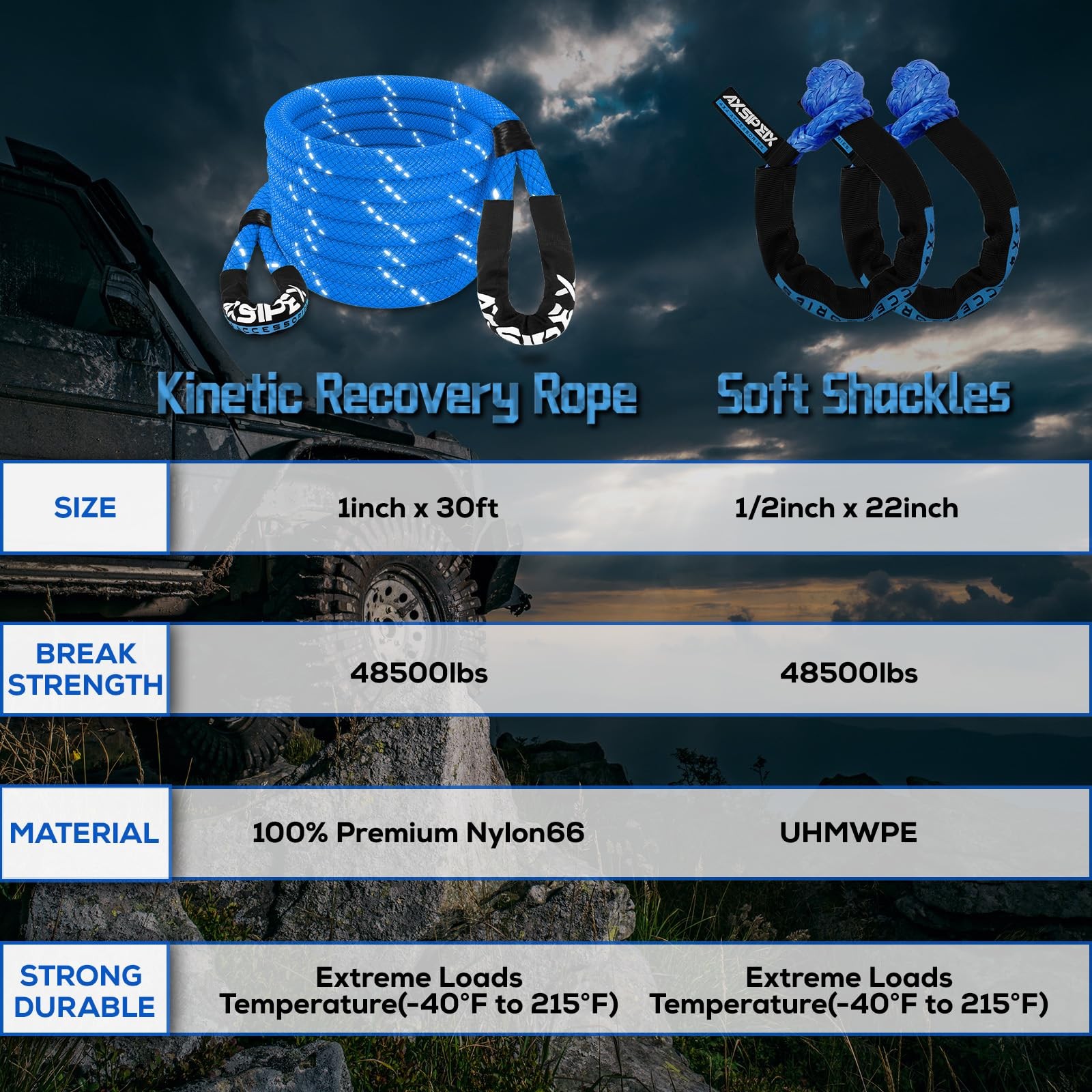 Kinetic Recovery Rope Kit 1in x 30ft 48,500Lbs with 2 Soft Shackles for 4x4