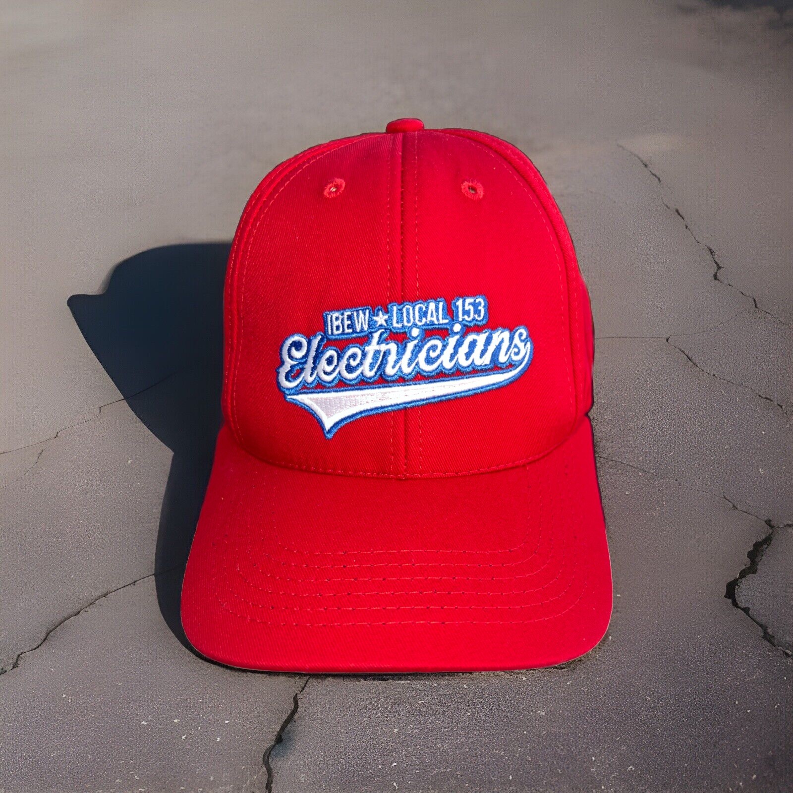 IBEW Local 153 Electricians Red Hat Cap Blue White Accents Hook Loop FlagTag EUC