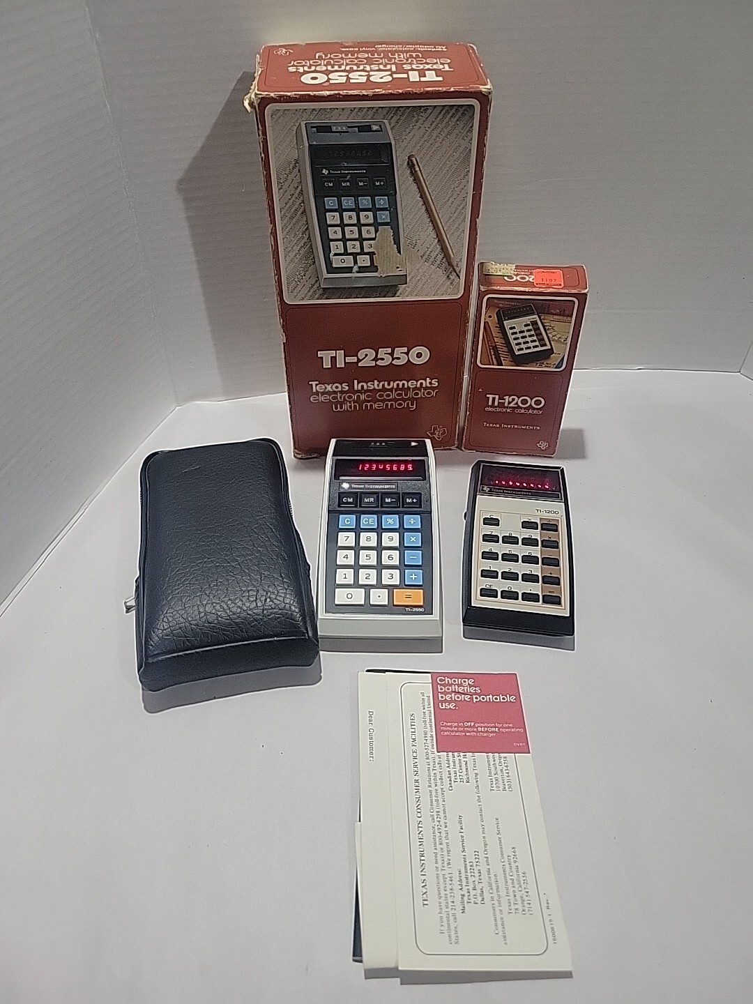 VINTAGE-TEXAS INSTRUMENTS-TI-2550 & TI-1200 W/BOX-RED LED-TESTED