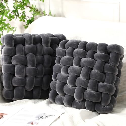 2 Pcs Knot Pillows Square Knotted Plush Throws Soft Crystal Velvet Dark Gray