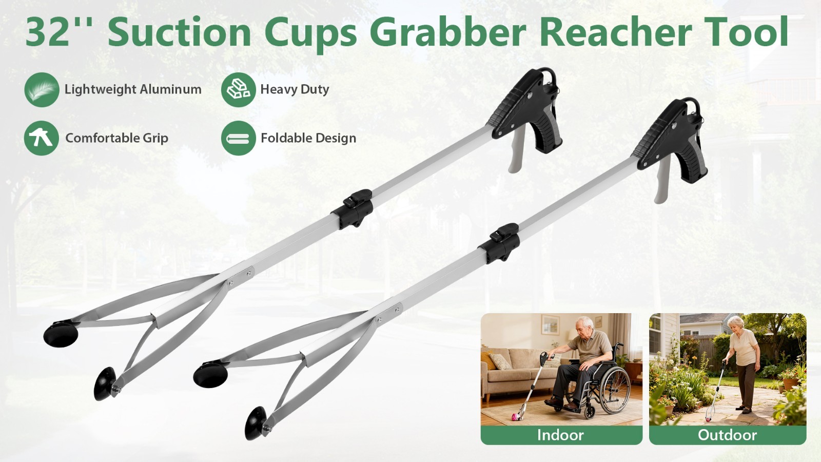 32" Foldable Grabber Tool 2-Pack - Heavy Duty Suction Cup Grip, Trash Picker for