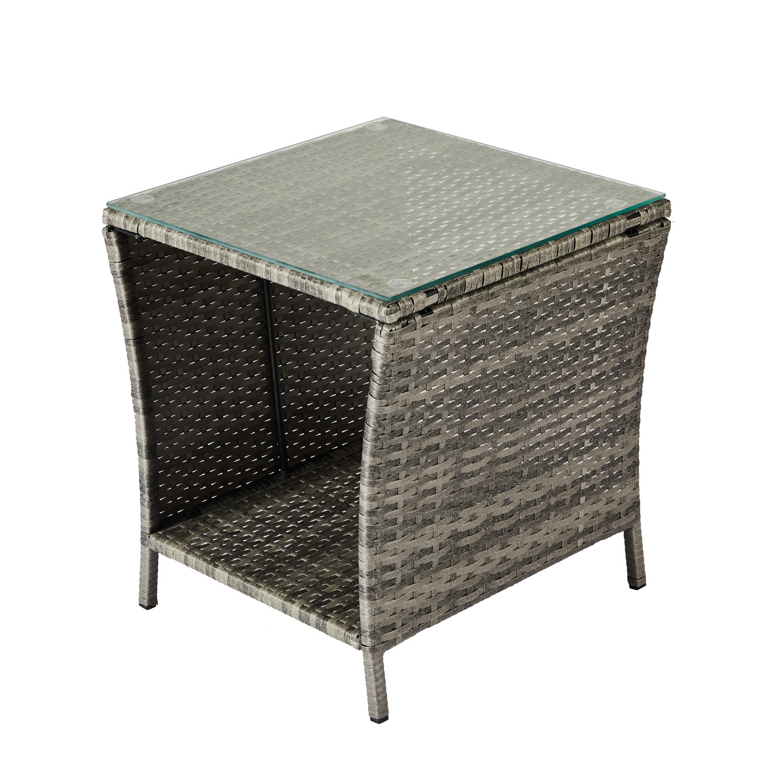 Patio Wicker Side Table Outdoor Square Tempered Glass Top End Table with Storage