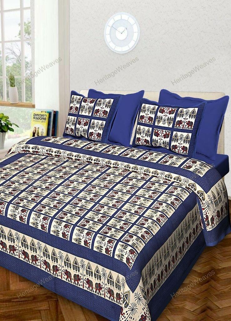 Elephant Printed Home Decor Cotton Double Bed Sheet 2 Pillow Cover 90x108 KING