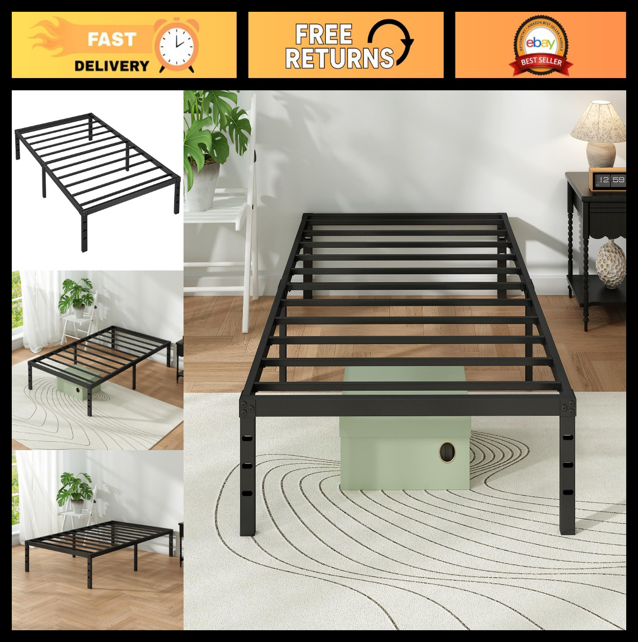 Twin Metal Platform Bed Frame, 18" Height, Heavy Duty Steel, No Box Spring, Easy