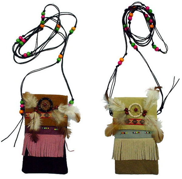 2 LEATHER BEADED POUCH W DREAM CATCHER necklace purse